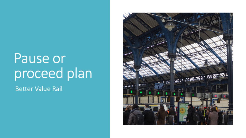 Screenshot of the first slide in the Pause or proceed plan showing a photo of Brighton station and commuters waiting by the ticket barriers.